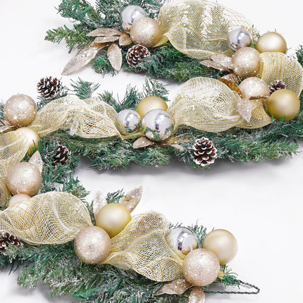 5.9 FT Christmas Garland Decorations, Luxury Christmas Garland with Lights for Mantle, Christmas Flocked Garland with Ribbons Gold Ball Pinecones, Lighted Christmas Garland Decor