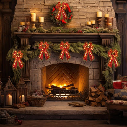 Hiboom 2 Pcs Lighted Large Christmas Bows Decoration, 20 x 12'' Red Black Plaid Burlap Wreath Bow with Berries Hazelnuts Bells Pine Needles Ornament for Christmas Party Front Door Fireplace Wall Decor