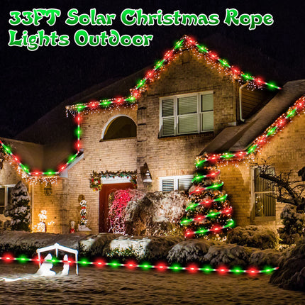 Meonum Solar Christmas Rope Lights Outdoor, 33 ft 100 LED 8 Modes Solar String Lights, Solar Powered Waterproof Tube Lights for Christmas Tree Garden Fence Yard Party Outdoor (Red, Green,2 Pack)