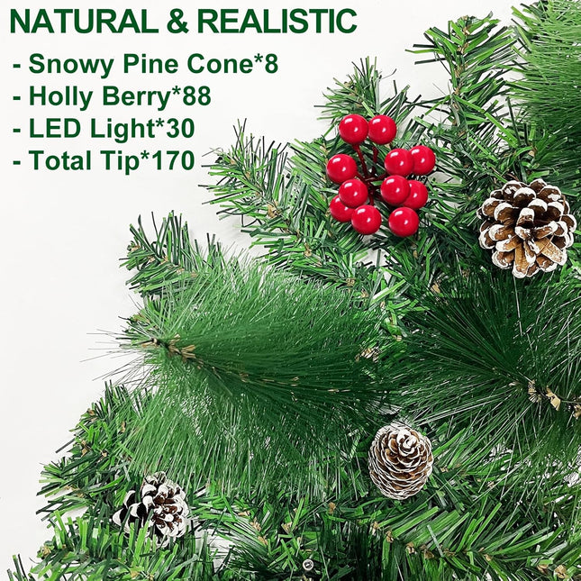 TURNMEON 6 Ft 30 LED Prelit Christmas Garland with Lights Timer 8 Modes 170 Branch Snowy Bristle 8 Pinecones 88 Red Berries Battery Operated Cedar Garland Christmas Decorations Home Indoor Mantle