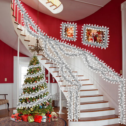 33 FT Christmas Decorations Tinsel Garland, Christmas Snowflake Garland Christmas Shiny Twist Metallic Garland Decorations for Xmas Tree Home Indoor Outdoor Holiday Christmas Party Decor