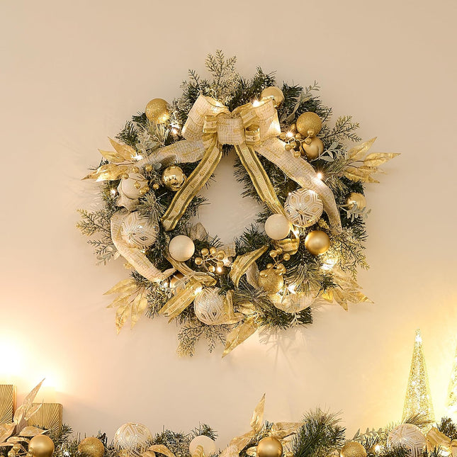Valery Madelyn 24 Inch Pre-Lit Christmas Wreath for Front Door with Lights, Large Lighted Christmas Wreath with White Gold Xmas Ball for Fireplace Window Outdoor Table Centerpiece Holiday Home Decor