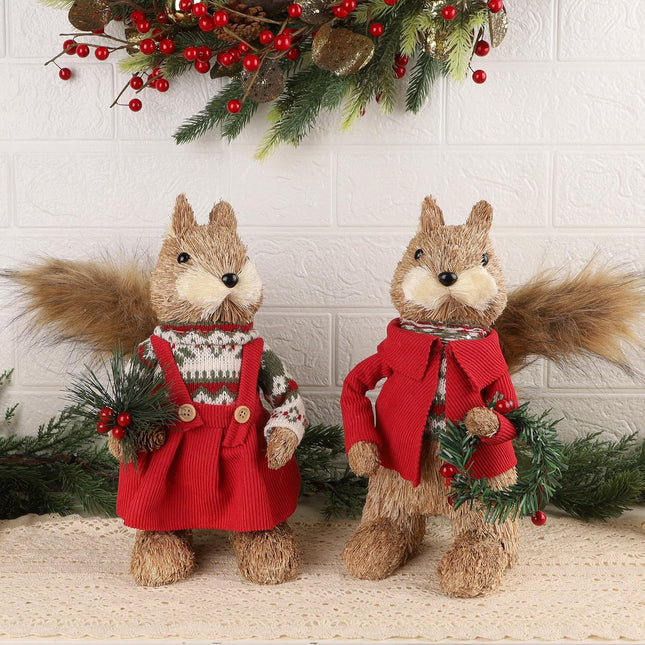 winemana 2 Pack Christmas Squirrel Tabletop Decorations, Sisal Squirrel Figurine for Home Decor Woodland Animals Rustic Xmas Ornaments for Table Office Indoor Forest Decor Seasonal s