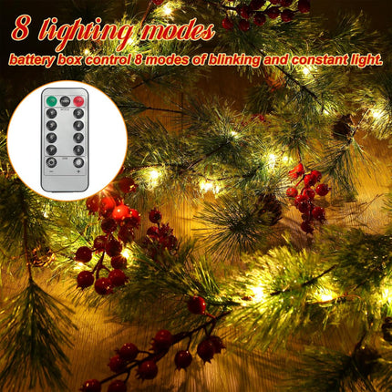 Retisee 4 Pcs 26.24 ft Christmas Garland with Lights Christmas Smokey Pine Garland with Remote Control, 120 LED Lights 8 Mode, Red Berry Garland for Indoor Outdoor Fireplace Mantel Stairs Decorations