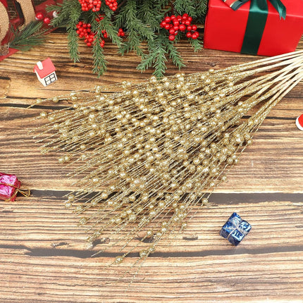 N&T NIETING 20 Pack Artificial Glitter Golden Berries Christmas Decor 15.7 Inchs Christmas Picks Tree Sticks Glitter Sticks for DIY Wreath Crafts Fireplace Holiday Home Decoration Wedding
