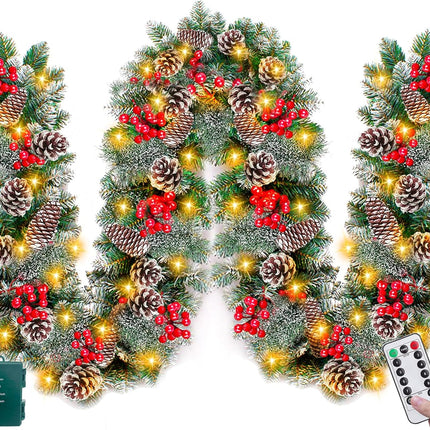Remote Control 9 Ft Prelit Christmas Garland with Lights 8 Modes Timer 300 Branch Cedar Snowy Bristle 198 Berry 18 Pinecone Battery Operated Christmas Decorations Indoor Outdoor Holiday Mantle Stairs