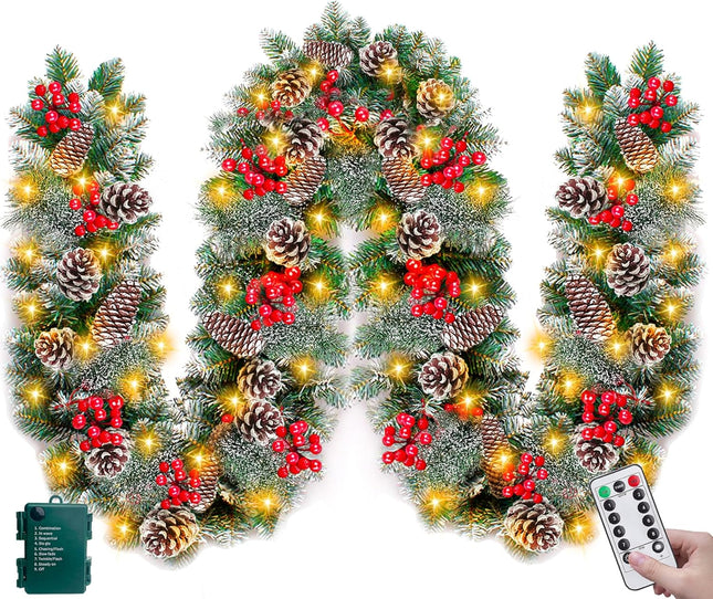 Remote Control 9 Ft Prelit Christmas Garland with Lights 8 Modes Timer 300 Branch Cedar Snowy Bristle 198 Berry 18 Pinecone Battery Operated Christmas Decorations Indoor Outdoor Holiday Mantle Stairs