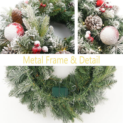 Flocked Christmas Wreath Pre-lit 24 inch with 50 Light & Red Ball Pine Cone, Artificial Christmas Wreaths for Front Door with Lights, Wreath for Christmas Decoration Door Windows Wall Green