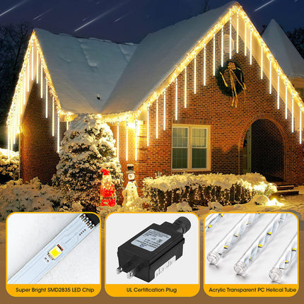 Meteor Shower Rain Lights 12.2 inch 12 Tubes 288 LEDs Christmas Snow Falling Icicle LED String Lights Cascading Lighting for Halloween Wedding Garden Trees Patio Decoration (White)
