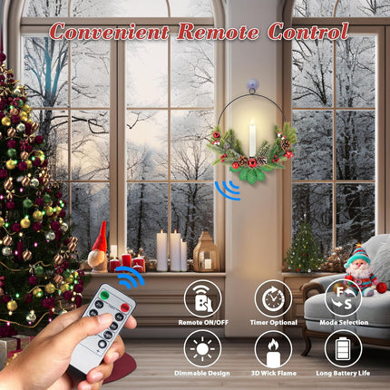 Christmas Wreaths for Front Door Windows: 2Pcs 15 Inch Small Prelit Lighted Xmas Wreaths Battery Operated with Timer LED Taper Candles Lights Decorations for Indoor Outdoor Light Up Winter Holiday