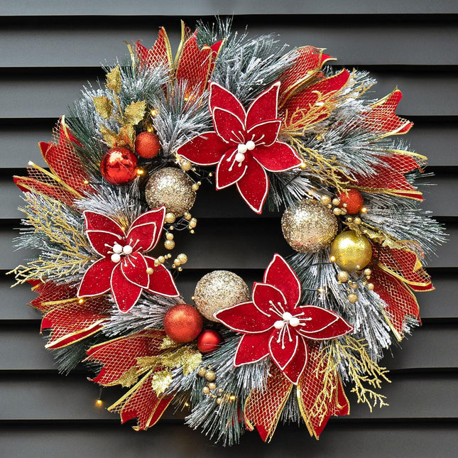 Christmas Wreath for Door, Soomeir Large Christmas Wreaths for Front Door, Lighted Decorations with Ball and Poinsettias, Pre-Lit Battery Operated Ornaments for Window Kitchen Fireplace