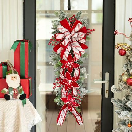 36 Inch Pre-Lit Christmas Teardrop Swag, Soomeir Winter Holiday Swags Wreaths with Red Velvet Glitter Stripe Ribbon, Red Berries for Front Door, Wall Window Fireplace Mailbox Artificial Decor