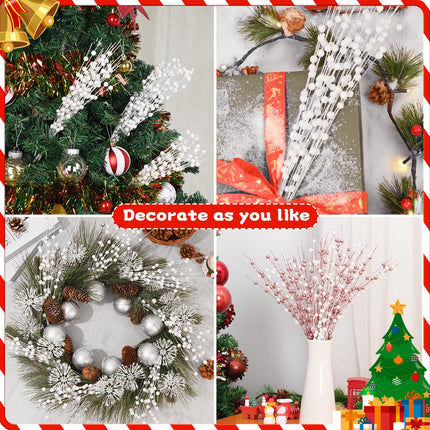 BLEUM CADE 6 Pack White Christmas Tree Decorations, 16" Glitter Berry Stems Ornaments, Christmas Picks Sticks for Christmas Tree Topper Filler Vase DIY Home Decor