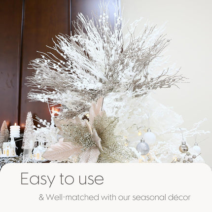 Sea Team 24-Pack Artificial Glitter Berry Stem Ornaments, Decorative Bead Sticks, Glittery Twigs, Picks, Branches for Christmas Tree, Small Vase, Holiday, Wedding, Party (15 Inches, White)