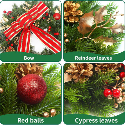 Christmas Wreath with Lights，20''Bowknot Christmas Wreaths for Front Door, Shiny Ball Reindeer Leave for Christmas Year Home Décor