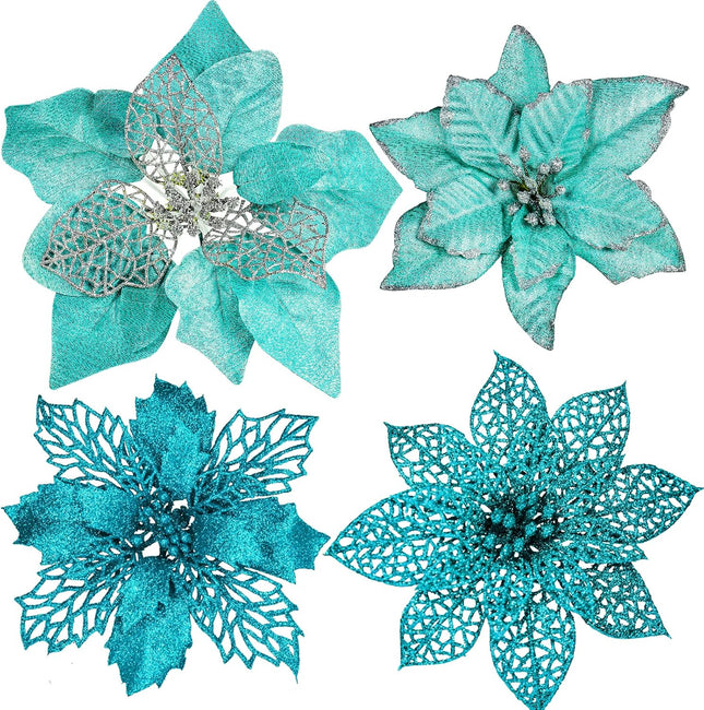 Winlyn 24 Pcs 4 Styles Christmas Teal Blue Metallic Mesh Glitter Artificial Poinsettia Flower Stems Tree Ornaments in Box for Teal Blue Christmas Tree Wreaths Garland Winter Wedding Holiday Decoration