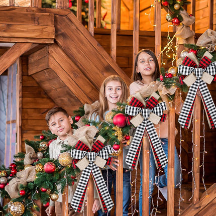 Whaline 3Pcs Christmas Bow Tree Topper Buffalo Plaid Xmas Large Bow Red Black White Handmade Decorative Bow for Christmas Tree Wreath Crafts DIY Bow Year Outdoor Decoration Festival Holiday Party