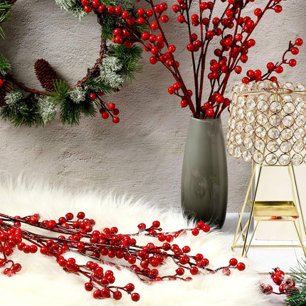 WILLBOND Artificial Red Berry Stems 21.6 Inch Christmas Red Berries Holly Berry Branches for Christmas Tree Year Decor DIY Craft (8, Simple Style)