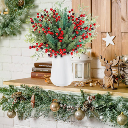 Winlyn 60 Pcs Christmas Artificial Pine Branches Red Berry Picks Fake Greenery Plants Pine Sprigs Christmas Tree Stems 8.1"-12" for Holiday Christmas Tree DIY Garland Centerpiece Floral Arrangement