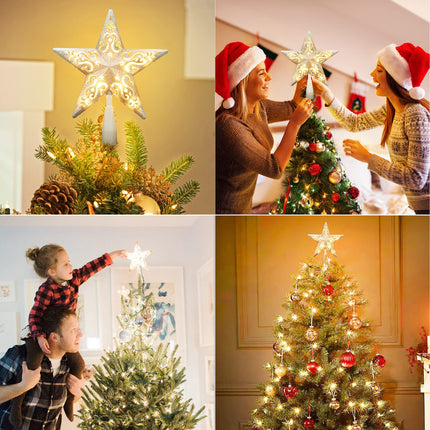 BrizLabs Lighted Christmas Star Tree Topper, 8” Silver Star Xmas Treetop with 10 Lights, UL Plug-in Warm White Tree Topper for Holiday Christmas Tree Decor