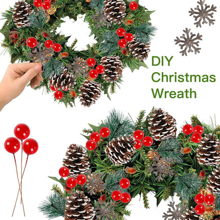 Sggvecsy 120 Pcs Artificial Pine Cones Pine Needles Artificial Red Holly Berries Natural Wooden Snowflake Christmas Wreath Accessories for DIY Christmas Garland Wreath Holiday Decoration