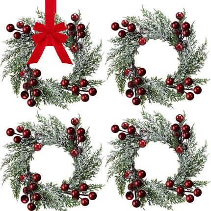 Christmas Candle Rings Mini Christmas Wreath Artificial Red Berries and Pinecones Pillars Candle Rings Kitchen Cabinets Small Wreaths Decor for Christmas Window Table Farmhouse Decoration(4 Pieces)