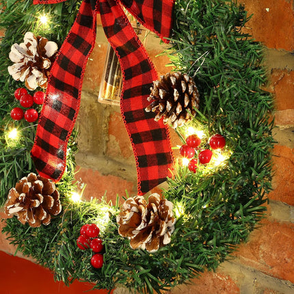 Libima 6 Pcs Mini Christmas Wreath 12 Inch Pre Lit Lighted Christmas Wreath Hanging LED Outdoor Window Wreaths for Christmas with Buffalo Check Bowknot Pine Cone Red Berries Ribbon for Door Holiday