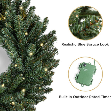 Papyrus 24" Pre-Lit Blue Spruce Artificial Wreath, Warm White Light, Battery Powered, Indoor/Outdoor