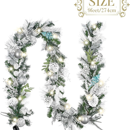Valery Madelyn 9 feet Pre-Lit Christmas Garland with Lights for Mantle, Lighted Battery Operated Xmas Garland with Silver White Balls Ribbons for Front Door Fireplace Table Centerpiece Outdoor Decor