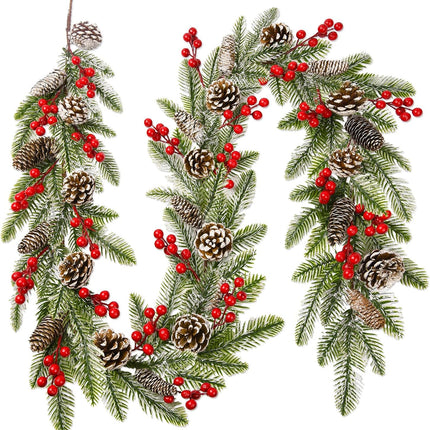 6.8 FT Artificial Christmas Pine Garlands Decoration, Faux Real Touch Norfolk Pine Garland Christmas Greenery Garland with Red Berries Cedar for Mantle Fireplace Stairs Indoor Xmas Home Holiday Decor