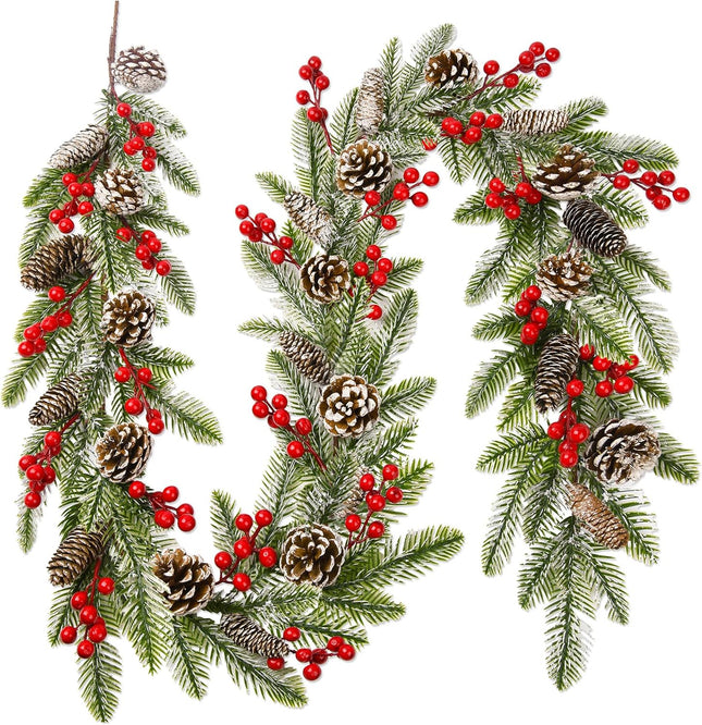 6.8 FT Artificial Christmas Pine Garlands Decoration, Faux Real Touch Norfolk Pine Garland Christmas Greenery Garland with Red Berries Cedar for Mantle Fireplace Stairs Indoor Xmas Home Holiday Decor