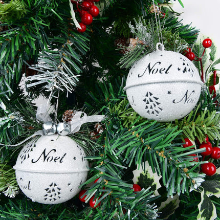 DearHouse 6 Pcs Big Christmas Jingle Bells, 3.4 Inch White Glitter Christmas Metal Sleigh Bells Rustic Craft Bells for Christmas Tree Wreath Garland Ornaments Holiday DIY Decorations