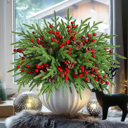 MARTINE MALL 12Pcs Christmas Norfolk Pine Branches with Pine Cones&Berries, 18In Fake Greenery Norfolk Pine Branches Evergreen Artificial Pine Branches for Xmas DIY Craft Garland Home Decor