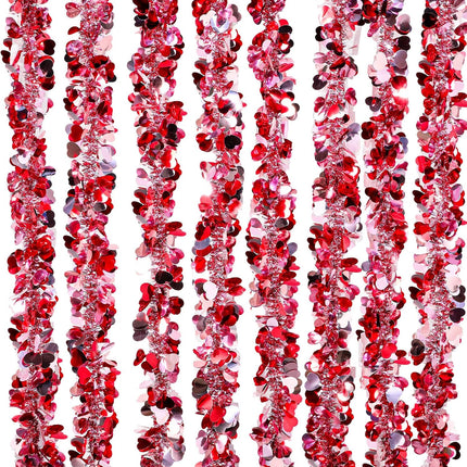 Valentines Shiny Heart Tinsel Garland 6.56 Feet Each Metallic Tinsel Twist Garland for Christmas Tree Ornaments Wreath Wedding Party Hanging Decoration(Rosy, Red, White,8 Pieces)