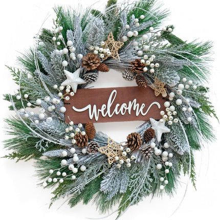 Winter Wreaths for Front Door 24 Inch Outdoor Christmas Snow Covered Wreath Artificial Flocked Spruce Wreath with Pinecones,White Berries,Green Evergreen Xmas Holiday Welcome Wreath Decor