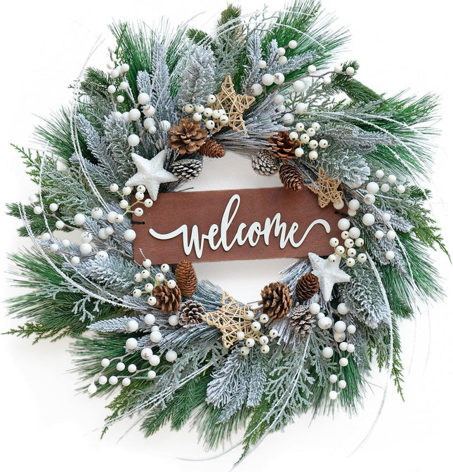 Winter Wreaths for Front Door 24 Inch Outdoor Christmas Snow Covered Wreath Artificial Flocked Spruce Wreath with Pinecones,White Berries,Green Evergreen Xmas Holiday Welcome Wreath Decor