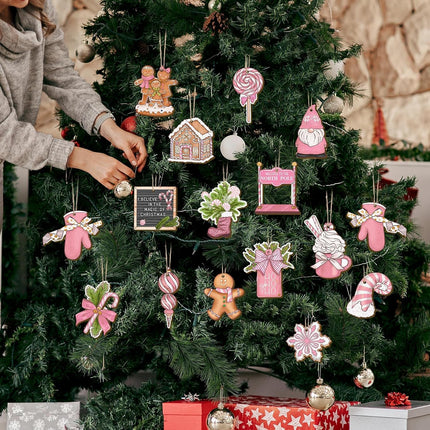 Huwena 40 Pcs Christmas Wooden Ornaments Pink Pastel Christmas Decorations for Xmas Tree Wreaths Gingerbread Gnome Hanging Ornaments Nutcracker Peppermint Candy Wood Cutouts Christmas Decor for Home