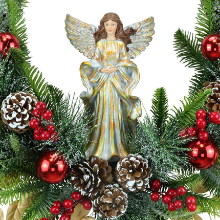 YULETIME 24" Angel Christmas Wreath, Artificial Holiday Wreath with Resin Angel Statue, Natural Rattan Ring & Pine Cones, Golden Leaves, Red Baubles, Spruce Branches, Snowy Pine Needles (Angel)
