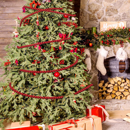 2 Pack Christmas Wood Bead Garland, Red Wooden Beads Garland, Round Wooden Beads Garland for Christmas Tree Decorations, 9 Feet+12 Feet