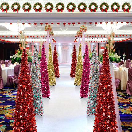 5FT Pop-Up Artificial Christmas Tree, Collapsible Pencil Christmas Tree for Indoor, Outdoor, Apartment, Party Decorations and Home Decor.Red