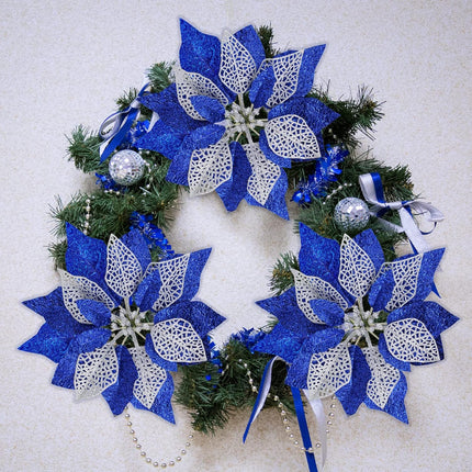 14 Set 8.7" Wide 4 Layers Christmas Blue Glitter Poinsettia Flowers Picks Christmas Tree Ornaments for Blue Christmas Tree Wreaths Garland Holiday Seasonal Festive Navidad Decoration Box Included
