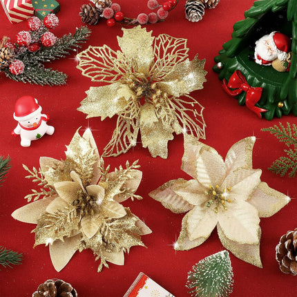 Whaline 24Pcs Christmas Poinsettia with 24Pcs Clips 4 Design Glitter Gold Artificial Flower Winter Party Supplies for Xmas Tree Ornament Wedding Birthday Wreath Decoration