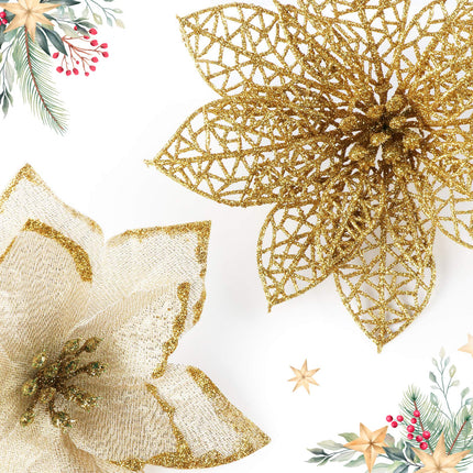 ilauke 24Pcs Gold Poinsettias Artificial Christmas Flowers, 6" Glitter Artificial Christmas Flowers with 30 Clips, for Xmas Tree Decorations Wedding Party Fireplace Stairs Decor