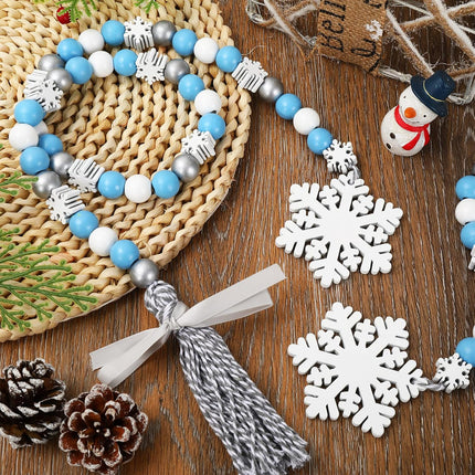 Whaline 2Pcs Winter Wood Bead Garland with Snowflake Tassel Xmas Tree Blue White Silver Snowflake Garland Tiered Tray Decor Rustic Farmhouse Wooden Bead Garland for Winter Home Fireplace Decor