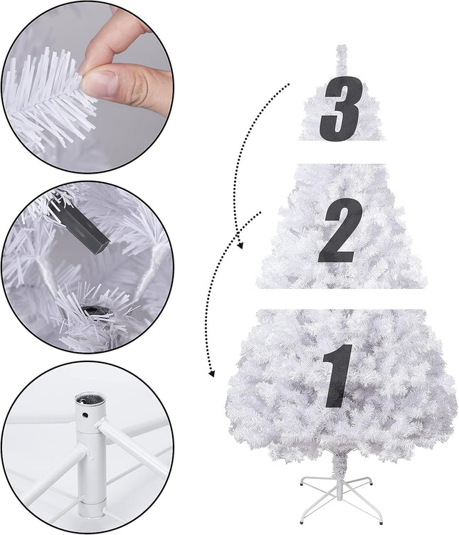 6FT 1,300 Tips Artificial Christmas Pine Tree Fake Xmas Spruce Trees Holiday Decoration with Metal Stand Easy Assembly for Outdoor and Indoor Decor White