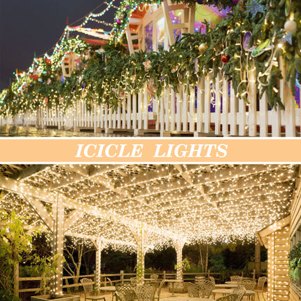 Christmas Icicle Lights Outdoor，600LED 49ft 8 Modes Timer IP44 Waterproof Fairy String Light with 96 Drops, Christmas Lights for Christmas Decorations,Holiday, Party, Wedding, Eaves