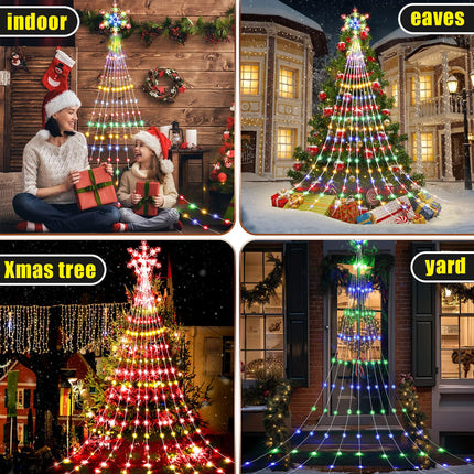 Christmas Light Outdoor Decoration 12 ft 240 LED Waterfall String Light with Snowflake Topper 8 Mode Light Waterproof Christmas Tree Hanging Fairy Lights for Xmas Holiday Patio Yard Party