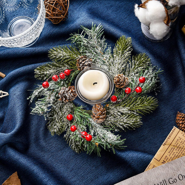 Jexine 4 Pieces Christmas Candle Rings Wreaths Small Christmas Kitchen Cabinet Wreaths Pillars Mini Candle Rings Christmas Table Centerpieces Hanging Garlands for Christmas Front Door Window Decor