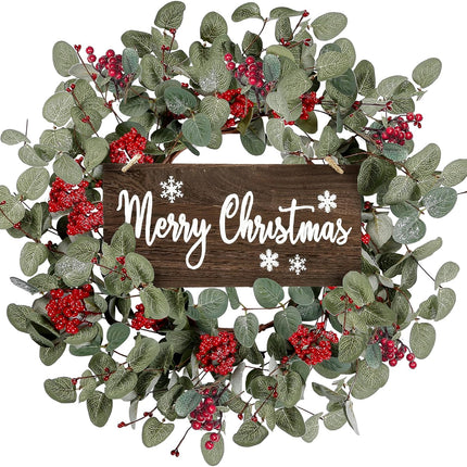 Sggvecsy 18 Inch Artificial Christmas Wreath for Front Door Xmas Red Berry Wreath Winter Glitter Eucalyptus Wreath Christmas Hanging Decorations for Wall Home Window Holiday OutdoorDecor