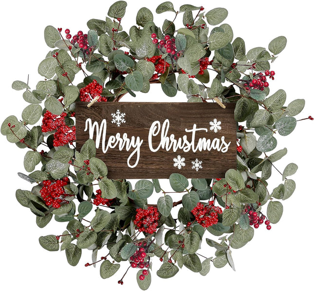Sggvecsy 18 Inch Artificial Christmas Wreath for Front Door Xmas Red Berry Wreath Winter Glitter Eucalyptus Wreath Christmas Hanging Decorations for Wall Home Window Holiday OutdoorDecor
